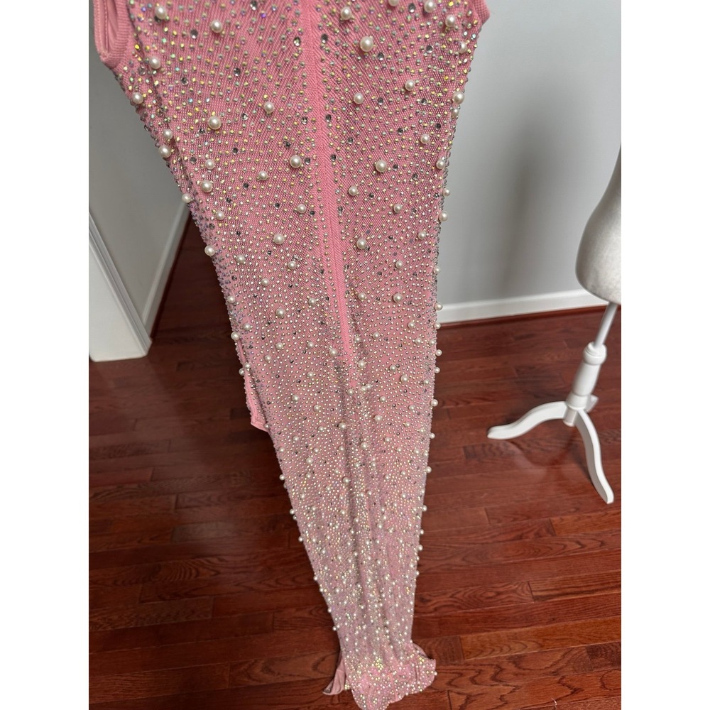 Nova Luxe Diana Pink V Neck Beaded Luxury Sexy Embellished Gown Dress Sheer - Picture 10 of 12